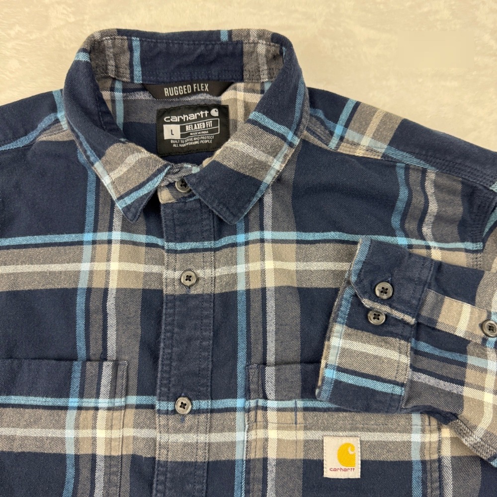 Carhartt Rugged Flex Relaxed Fit Plaid Flannel Shirt Mens L Navy Blue TW5945-M